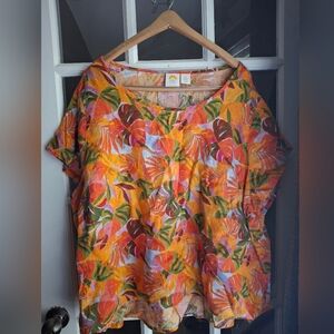 100%linen Plus Size 3x Colorful Tropical Print Women's Top